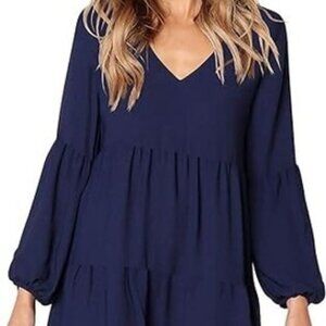 MissLook Women SZ S Black Balloon Sleeve V Neck Ruffle Tiered Swing Shift Dress